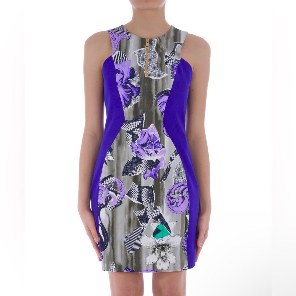 New Versace Collection Purple Printed Zip Front Sleeveless Dress